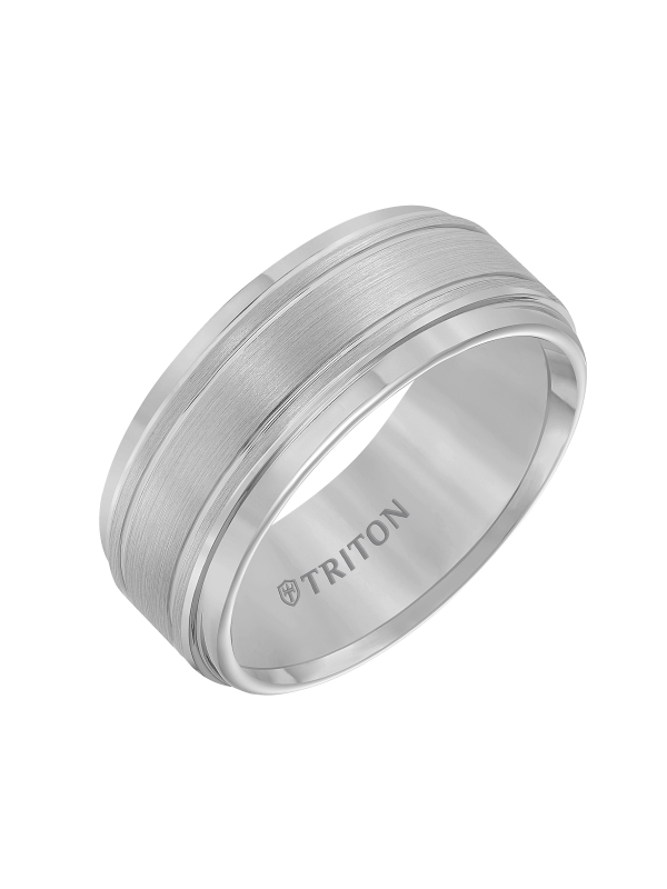 9mm White Tungsten Carbide Bright Polished Step Edge with Center Satin Finish and bright cut parallel lines Comfort Fit Band