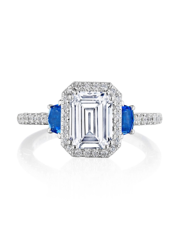 Emerald 3-Stone Engagement Ring with Blue Sapphires
