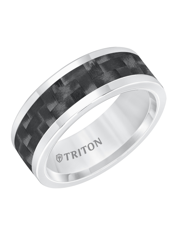8MM Comfort Fit White Tungsten Carbide with Black 3K Carbon Fiber Insert Center & Bright Rims
