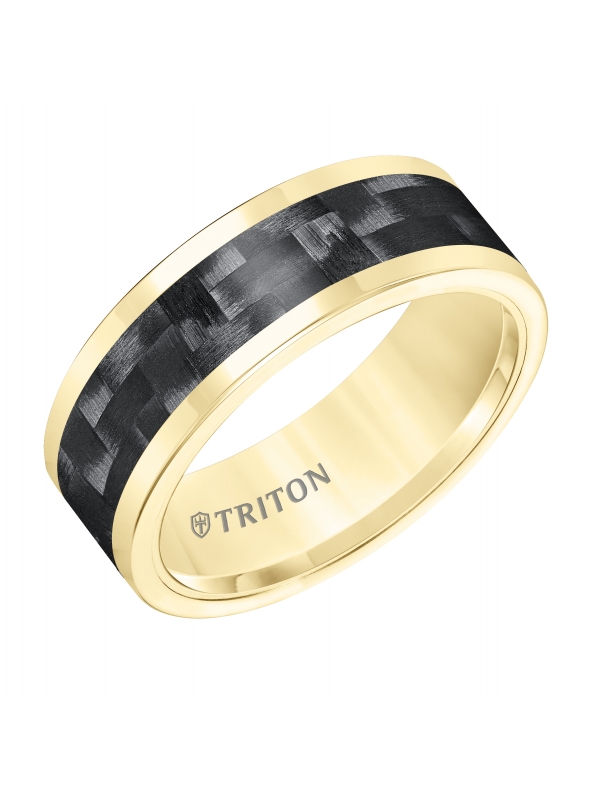 8MM Comfort Fit Yellow Tungsten Carbide with Black 3K Carbon Fiber Insert Center & Bright Rims