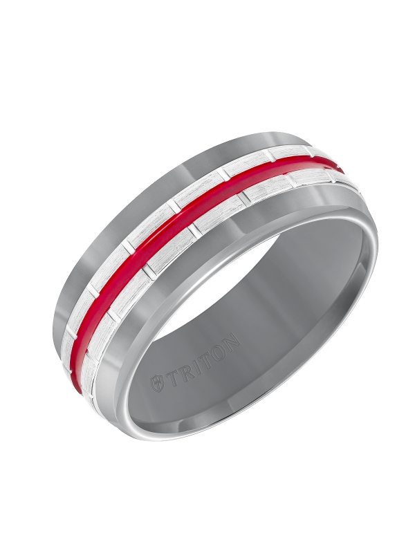 8.5MM Gunmetal Grey Tungsten Carbide Band with Vertical Grooves, Fire Red Center Stripe & Satin Finish