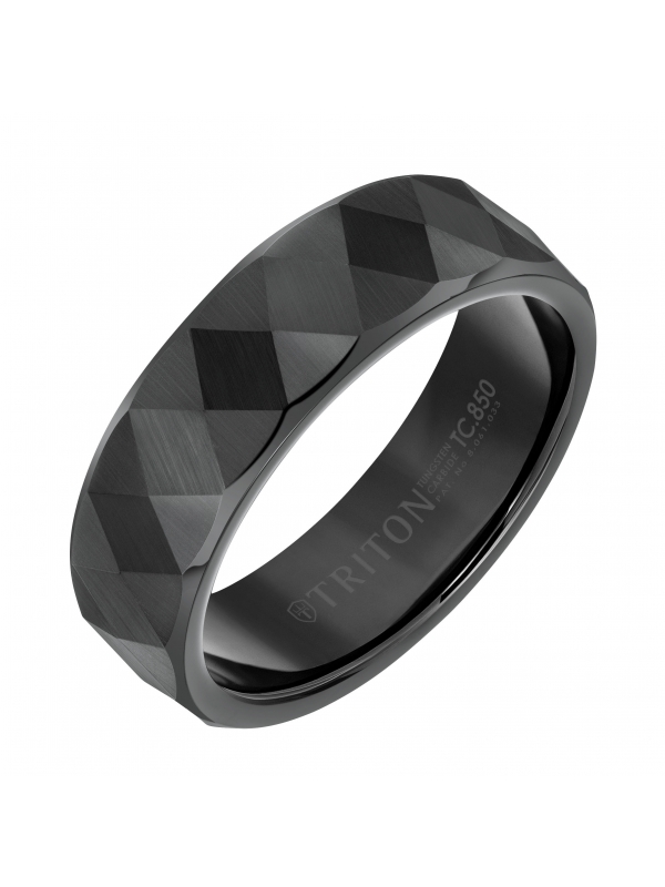 7mm Black Tungsten Band with Faceted Diamond Pattern