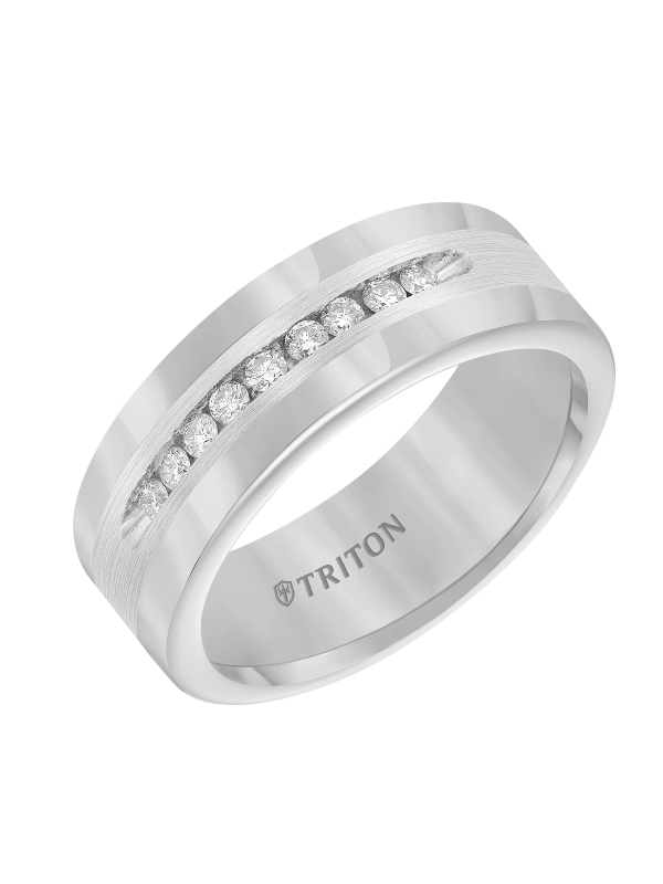 8mm Tungsten carbide comfort fit band with satin finish silver inlay and channel set diamonds