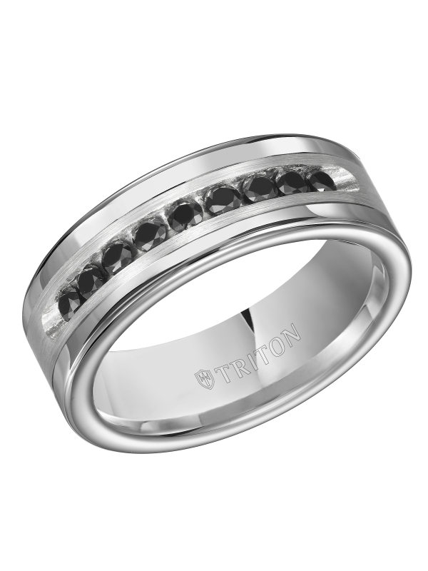 8MM Bright Polished Tungsten Carbide Comfort Fit band with Brush Finish Silver Inlay and 1/2 carat of Channel Set Black Diamonds.